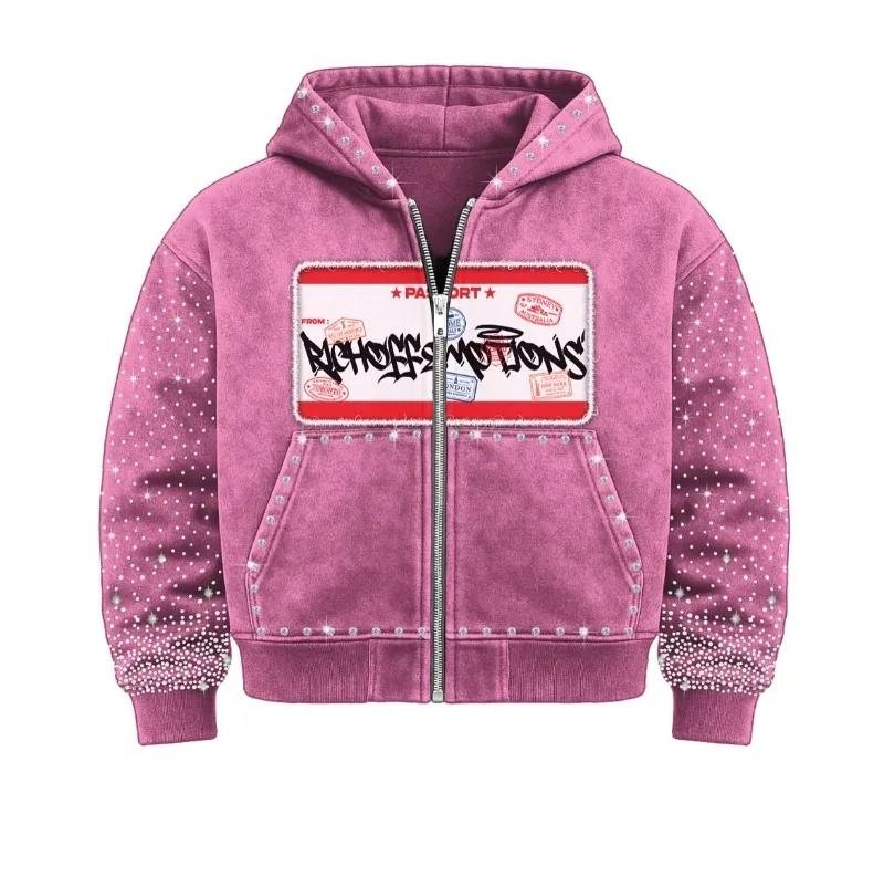 Moq10 Supplier Bling Glitter Oversized Heart Pattern Casual Boxy Cotton Faded Acid Wash Sweatshirt Men's Hoodies - Image 3