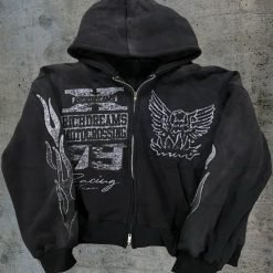MOQ10 Wholesale Custom High Quality Rhinestone Hoodie Print Zip up Hooded Heavyweight Sun Faded Wash Sweatshirt Hoodies for Men