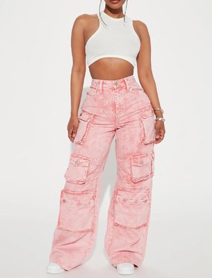 OEM Custom Logo Fashion Women Pink Loose Fit High Waist Cargo Pants Multi Cargo Pockets Denim Jeans - Image 2