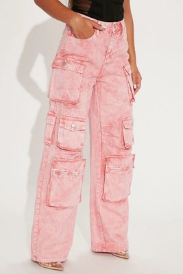 OEM Custom Logo Fashion Women Pink Loose Fit High Waist Cargo Pants Multi Cargo Pockets Denim Jeans - Image 4