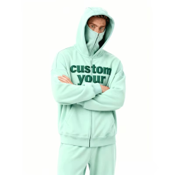 OEM Custom Logo Men Face Mask Full Zip up Balaclava Hoodies Full Coverage Kangaroo Pocket Blackout Pullover Hoodie Fashion Meets