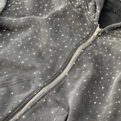 Oem Heavyweight Zipper Hoodie Custom 100% Cotton Terry Hoody Sweatshirt Streetwear Rhinestone Zip Up Hoodie for Men