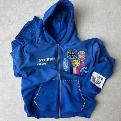 Oversized Rhinestone Hoodie Black Blue Heavyweight Hoodie Vintage Stone Wash Distressed Design - Image 3