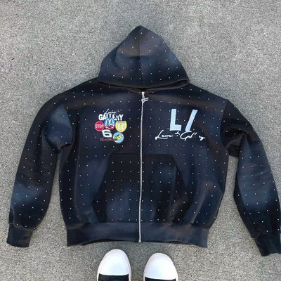 Oversized Rhinestone Hoodie Black Blue Heavyweight Hoodie Vintage Stone Wash Distressed Design - Image 4