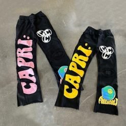 Patch Embroidery French Terry Acid Wash Raw Hem Distressed Flared Sweatpants Regular Fit 100% Cotton