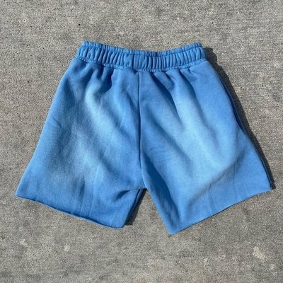 Puff Print Short Acid Washed Shorts Blue Cut Raw Hem Cotton Fleece Zipper Pockets Streetwear Sweat - Image 3