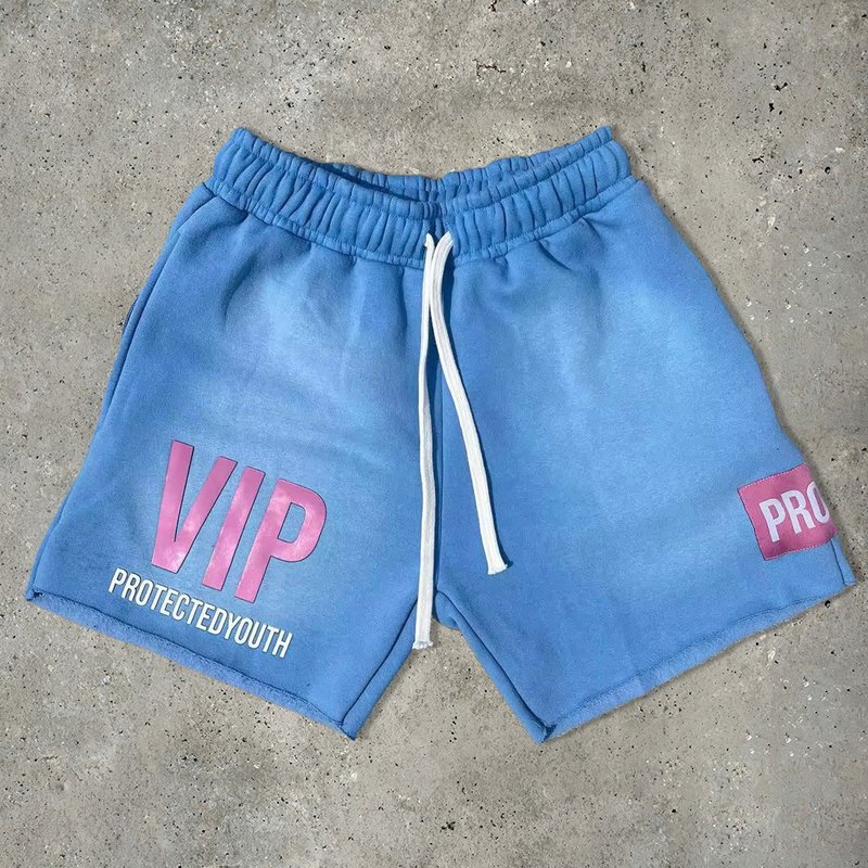 Puff Print Short Acid Washed Shorts Blue Cut Raw Hem Cotton Fleece Zipper Pockets Streetwear Sweat - Image 2