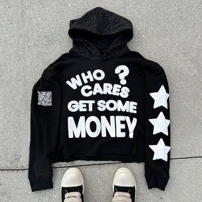 Men's custom black rhinestone puff print heavyweight cotton hoodie with oversized fit