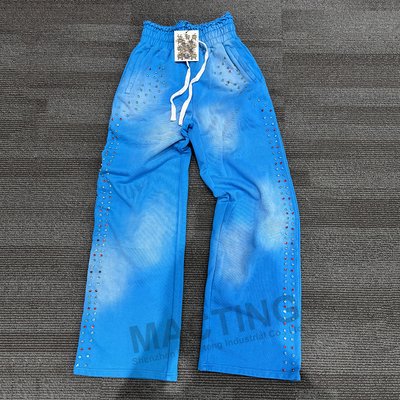 Seasonal Streetwear Heavyweight Jogger Pants in Acid Wash Cotton Terry with Rivet Rhinestone Embellishments and Flat Front