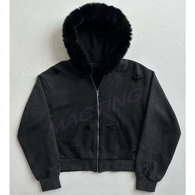 Solid Acid Wash Sun Faded Distressed Custom Full Zip Up Hoodies Coat with Fur Collar - Image 7