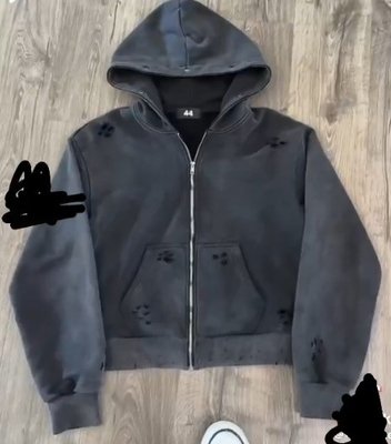 Solid Acid Wash Sun Faded Distressed Custom Full Zip Up Hoodies Coat with Fur Collar - Image 3