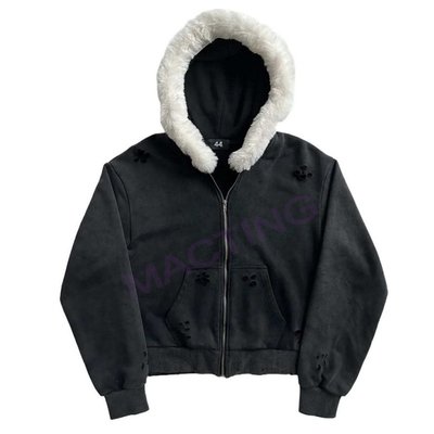 Solid Acid Wash Sun Faded Distressed Custom Full Zip Up Hoodies Coat with Fur Collar