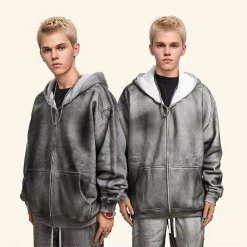 Street Style Vintage Spray Color Custom Logo Men's Hooded Sweatshirt Heavyweight 345gsm Padded Cotton Zip Men's Hoodie