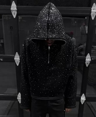 Streetwear custom 380 500gsm men's french terry fleece all over print rhinestone boxy cropped full face half zip up hoodie men - Image 2