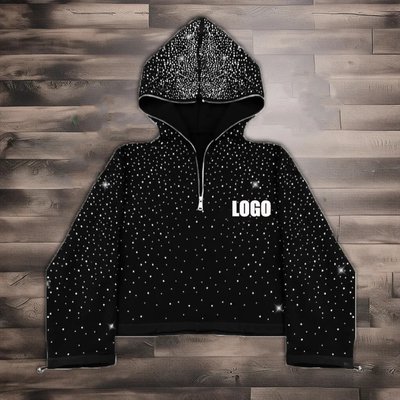Custom streetwear mens boxy cropped half zip hoodie in premium 380-500gsm French terry fleece with all-over print and rhinestone embellishments