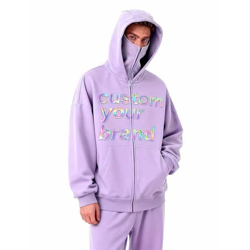 Streetwear Manufacturer Full Face Mask Hoodies Drop Shoulder Double Layer Custom Printed Embroidery Logo Zip up Hoodie