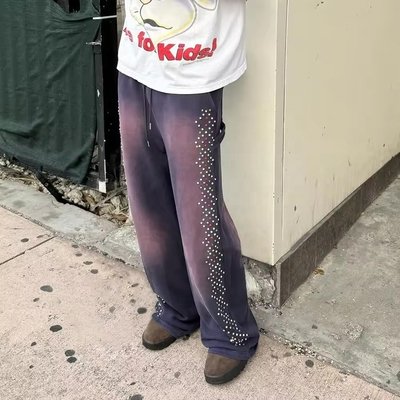 Sun Faded Acid Wash Custom Joggers Cotton Baggy Sweatpants with Crystal Decoration - Image 5