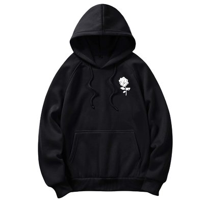 Unisex drawstring hoodie sweatshirt with graphic print and long sleeve hood, front view on model