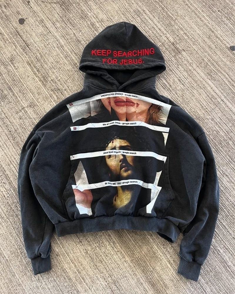 Vintage French terry hoodie with stone sun-faded acid wash finish and distressed heart pattern, unisex loose fit