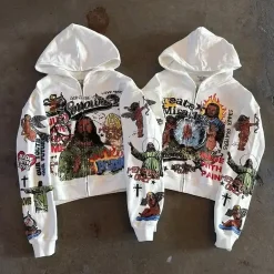 Zip Custom Full 420 GSM Printing Heart Front Logo Heavy Boxy Cropped Fit Vintage Distress Oversized Men Hoodie