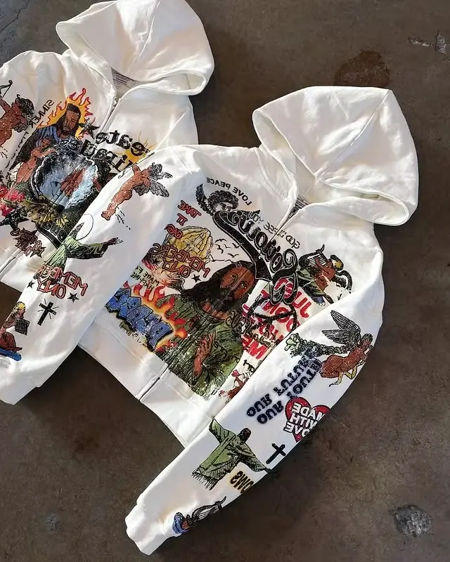 Zip Custom Full 420 GSM Printing Heart Front Logo Heavy Boxy Cropped Fit Vintage Distress Oversized Men Hoodie - Image 6