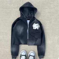 Zip Up Acid Wash Hoodies Distressed Embroidery Applique Custom French Terry Crop Top