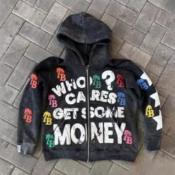 Zipper Puff Print Hoodie Vintage Washed 500gsm Heavyweight Oversized Raw Hem