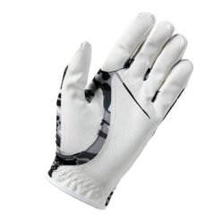 White camo leather golf gloves right hand with custom logo and adjustable sizing