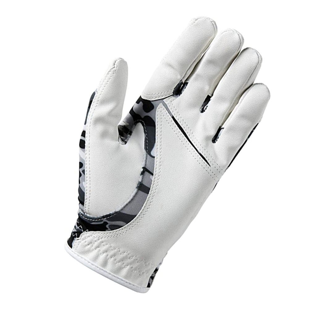 White camo leather golf gloves right hand with custom logo and adjustable sizing
