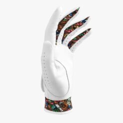 Men's custom logo cabretta leather golf gloves with anti-slip grip pattern displayed on white background