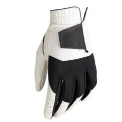 All-weather water-resistant golf gloves with anti-slip grip in black and white, displayed for left and right hand sizing options for men and women