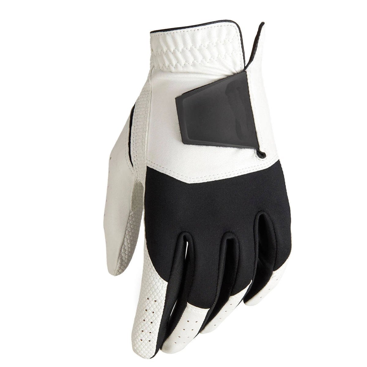 All-weather water-resistant golf gloves with anti-slip grip in black and white, displayed for left and right hand sizing options for men and women