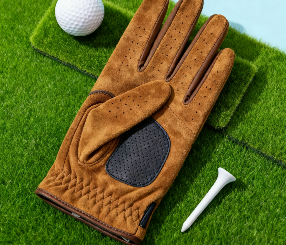 Custom logo Cabretta leather golf gloves in white with personalized branding, featuring lightweight and breathable design for enhanced grip control on the golf course