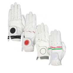 White soft Cabretta leather custom rubber logo golf gloves for men and women with Lycra reinforcement