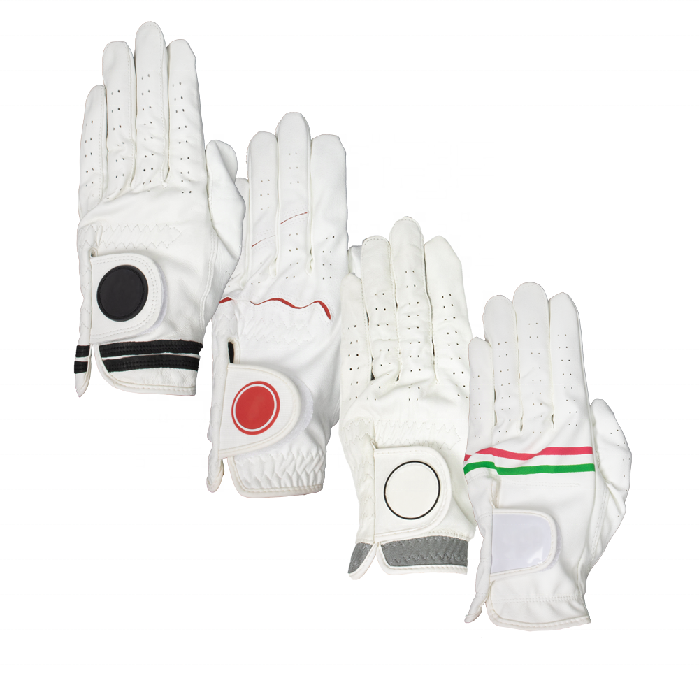 White soft Cabretta leather custom rubber logo golf gloves for men and women with Lycra reinforcement
