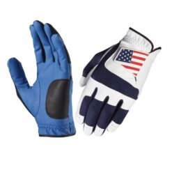 Factory-customized golf tournament gloves with enhanced friction grip technology for practice and competitive play, displayed with custom branding