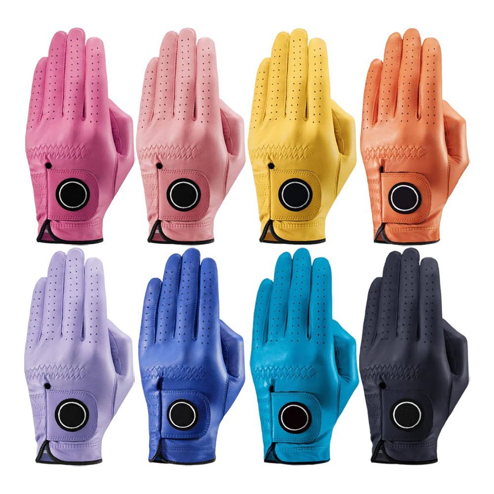 Waterproof ladies left-hand Cabretta leather golf practice gloves with attached ball marker and tee holder in factory design