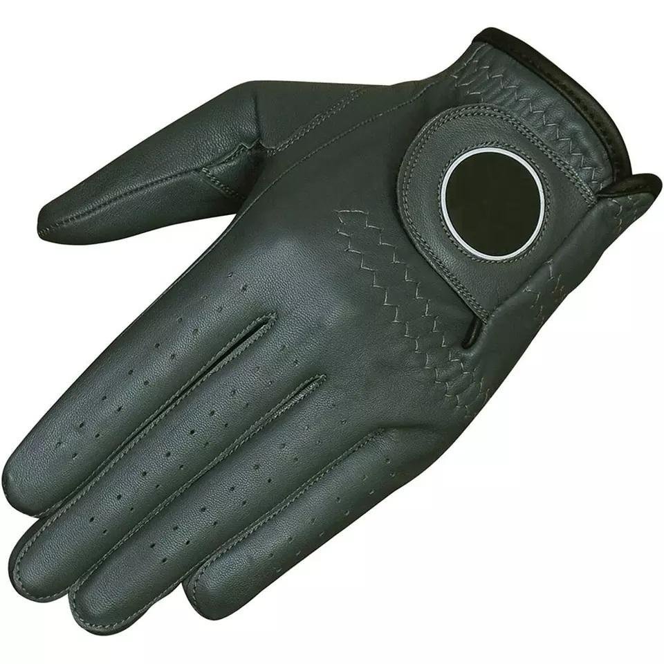 Premium cabretta leather golf gloves with non-slip grip and custom logo branding for wholesale bulk orders