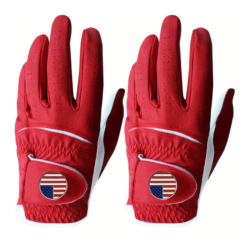 Premium Cabretta leather custom logo printed golf gloves in white and tan, designed for professional golfers and corporate branding