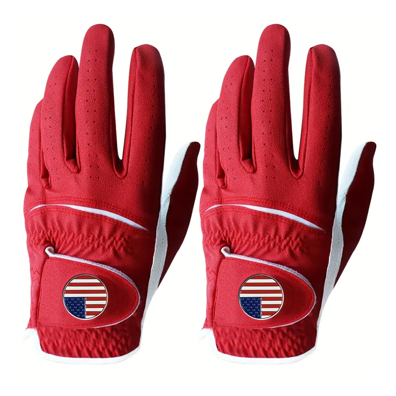Premium Cabretta leather custom logo printed golf gloves in white and tan, designed for professional golfers and corporate branding