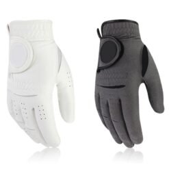 Genuine cabretta leather golf gloves for men with soft breathable material and adjustable hook and loop closure, shown in left and right hand options