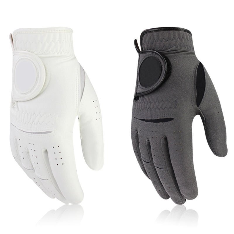 Genuine cabretta leather golf gloves for men with soft breathable material and adjustable hook and loop closure, shown in left and right hand options