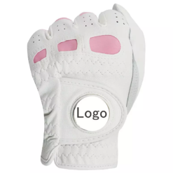 White Cabretta synthetic leather golf gloves with custom logo patch and reinforced palm grip for professional golfers