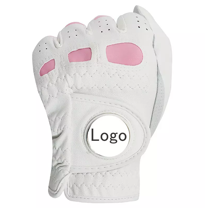 White Cabretta synthetic leather golf gloves with custom logo patch and reinforced palm grip for professional golfers