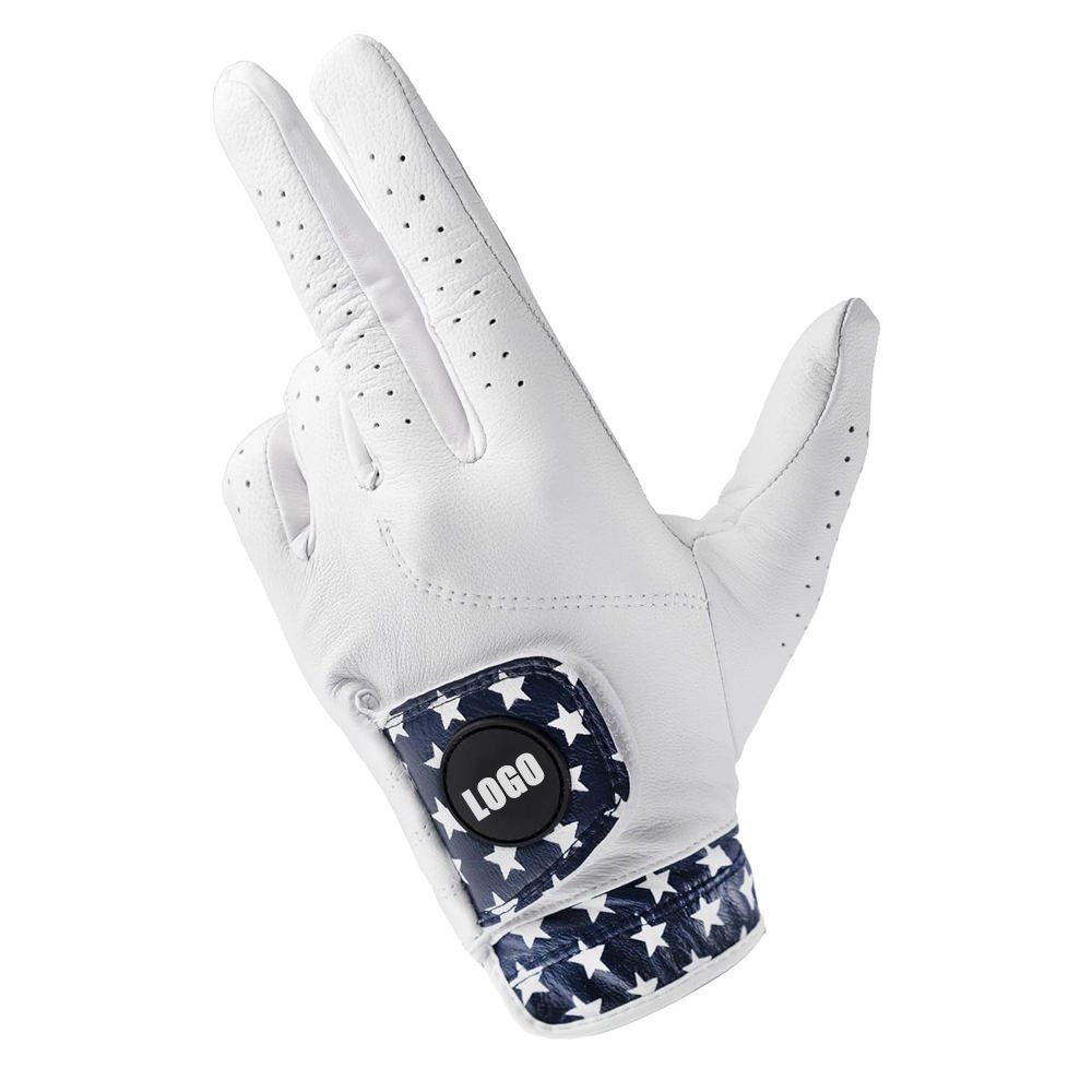 Durable stretchable Cabretta leather golf glove for left hand, showing reinforced palm grip and adjustable Velcro wrist closure for men and women