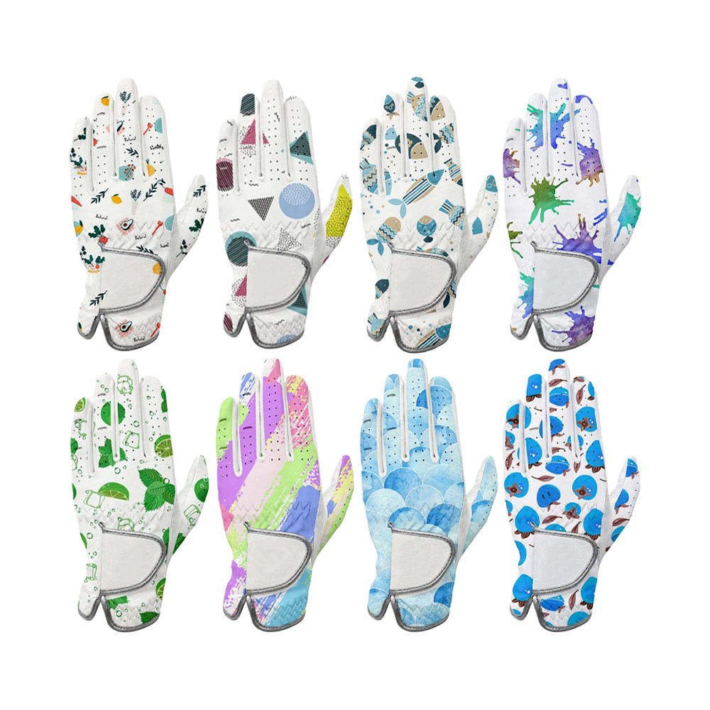 Premium customizable Cabretta leather golf gloves with custom printed design displayed on white background