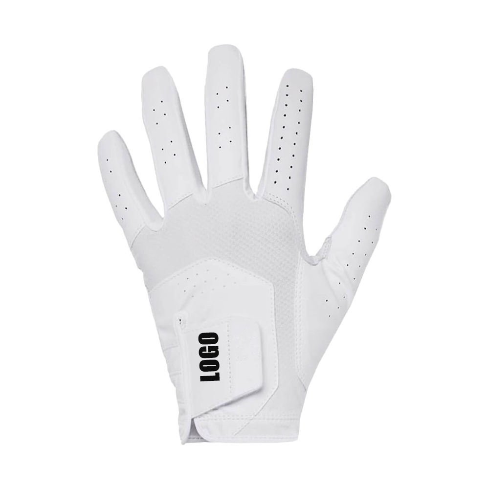 Premium Cabretta leather golf gloves with custom logo embroidery, left and right hand, displayed on white background for wholesale bulk order