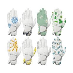 Custom Cabretta leather left-hand women's golf gloves with embroidered white grip and personalized printing design option for wholesale bulk orders