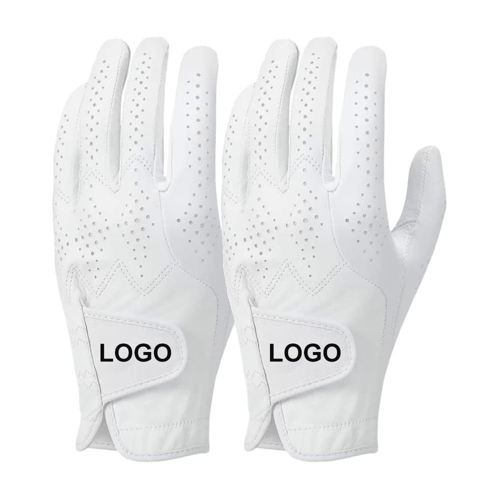 Custom logo Cabretta leather golf gloves in white with embroidered brand logo - premium left and right hand golf wear for wholesale orders