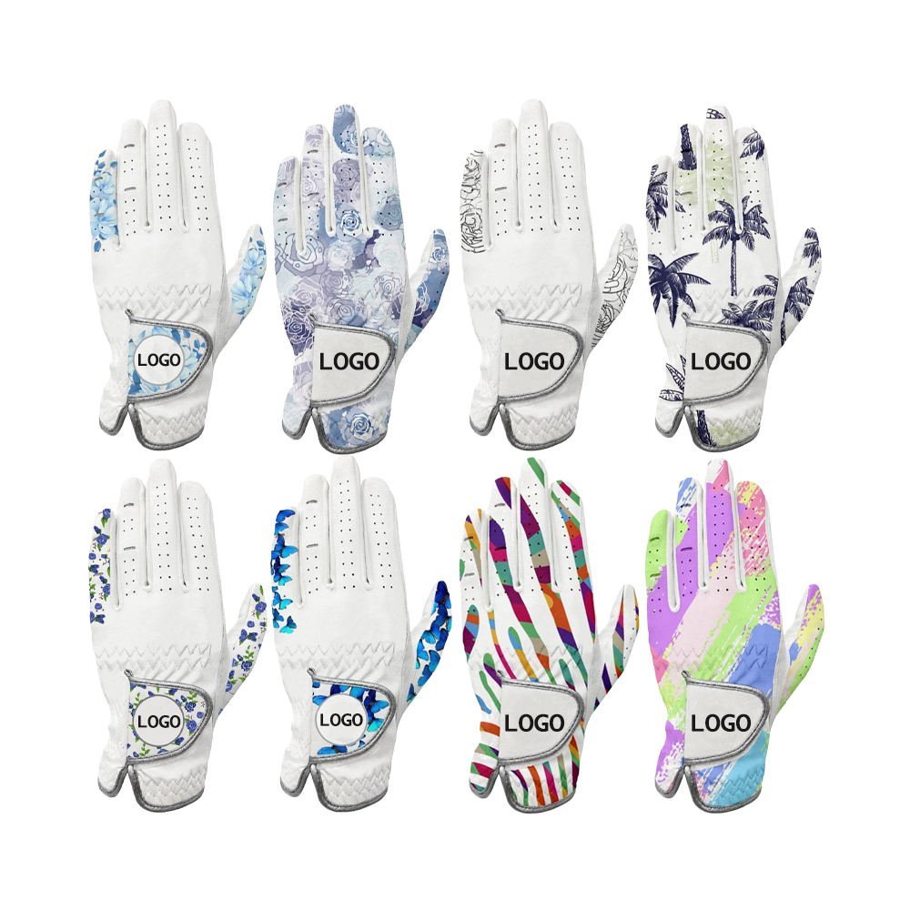 Women's premium cabretta leather golf gloves with custom printed logo and high-performance grip design for ladies golfers